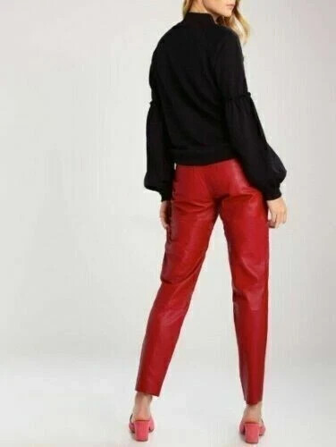 Casual Formal Genuine Party Women Leather Red Pant Handmade Lambskin Stylish Fit