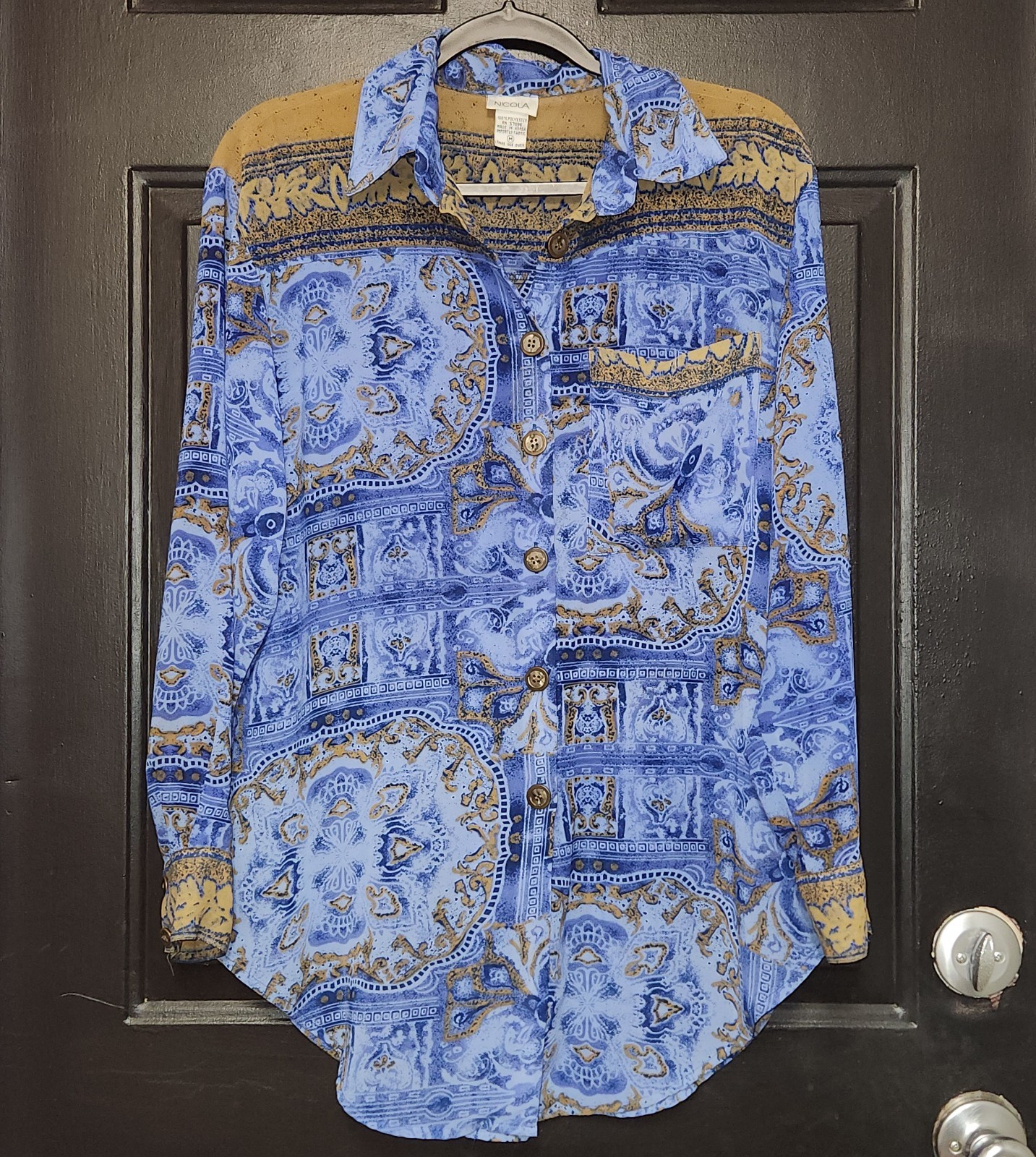 Nicola Longsleeve Sheer Top Women’s Blouse Medium Collared Button Down Blue Poly