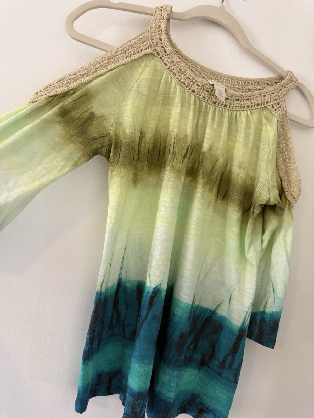 Chico’s Women’s 0 Green/Blue Tie-Dye Crochet Trim 3/4 Sleeve Blouse Top