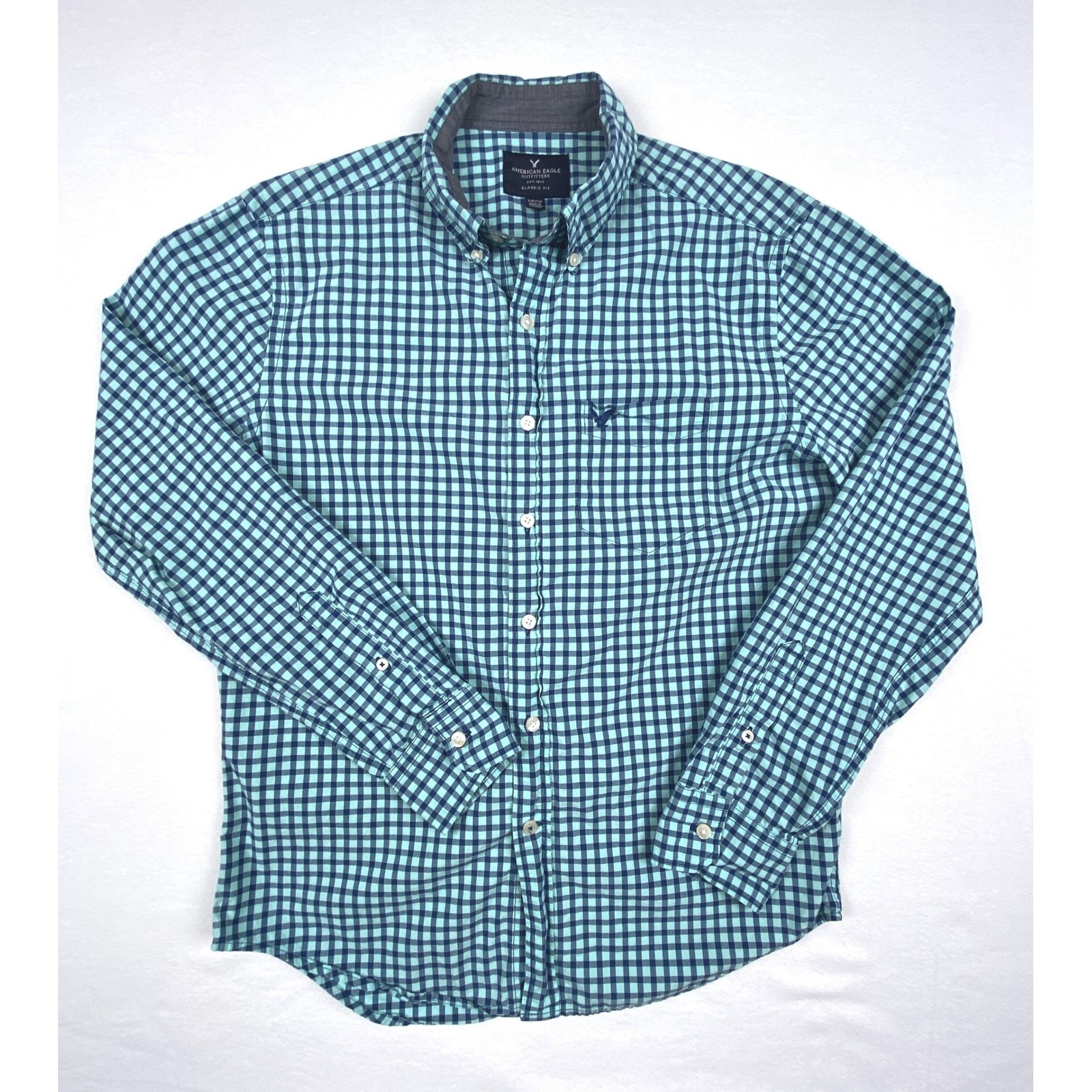 American Eagle Mens Small Classic Fit Gingham Button Down Shirt Teal Blue Cotton