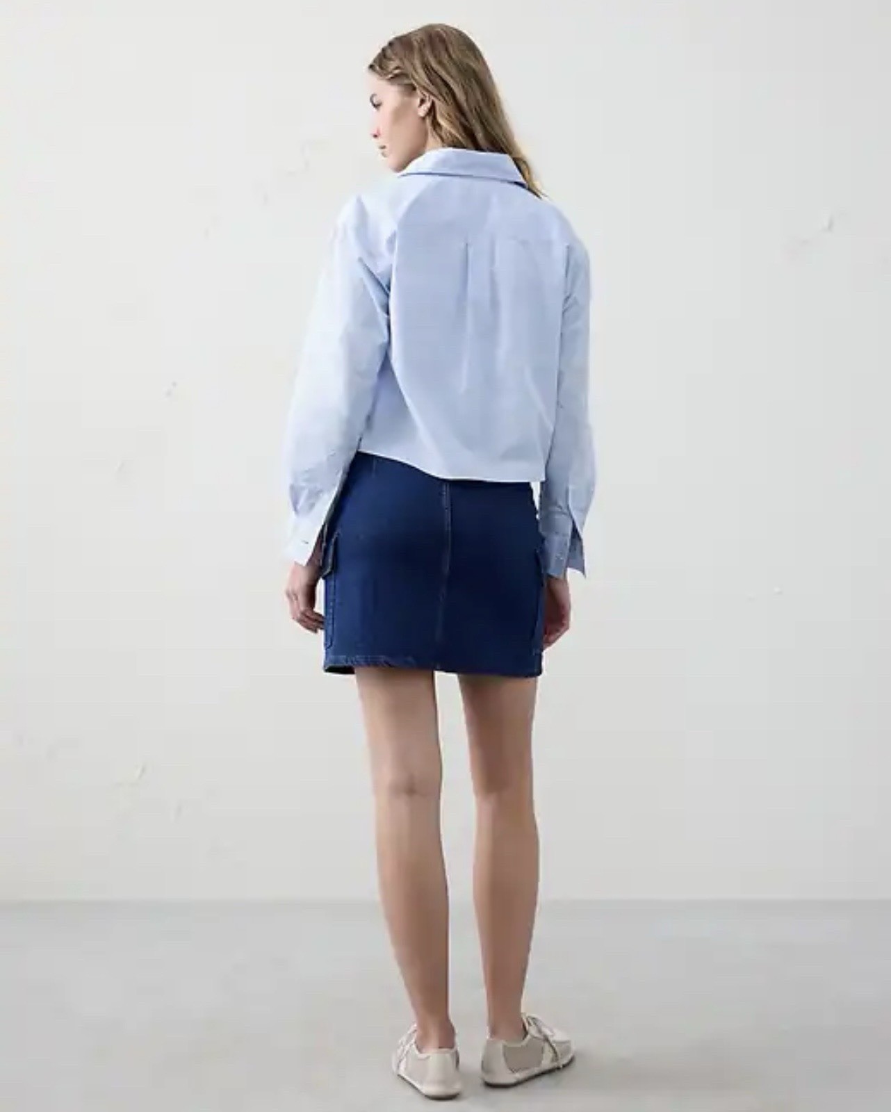 Banana Republic Boxy Crop Poplin Long Sleeve Shirt Baby Blue Structured Chic EUC