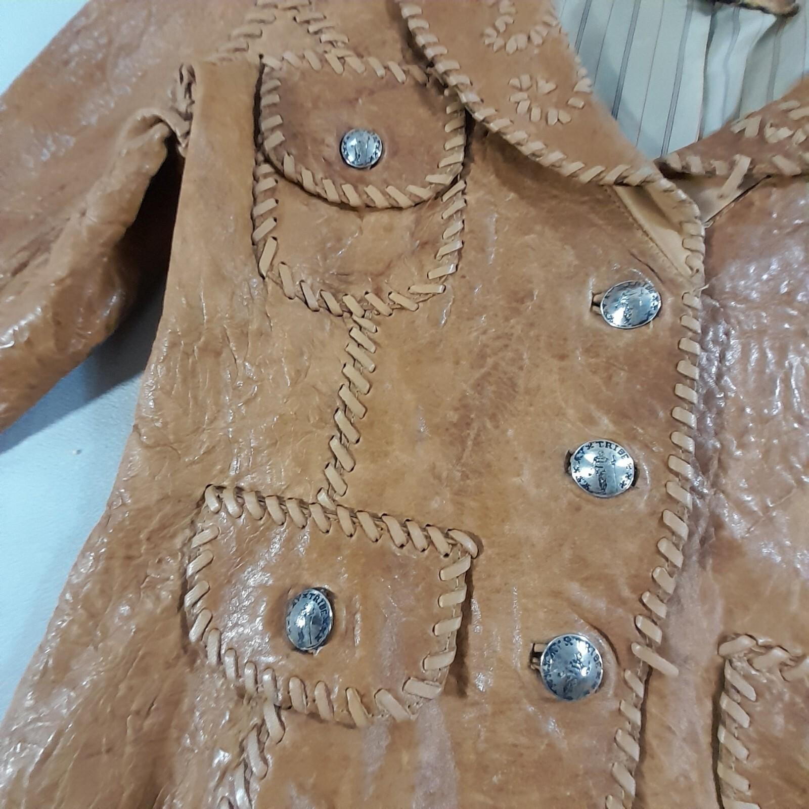 My Tribe Jacket Orange Thick Leather Whipstitch Lined Metal Button Closure USA