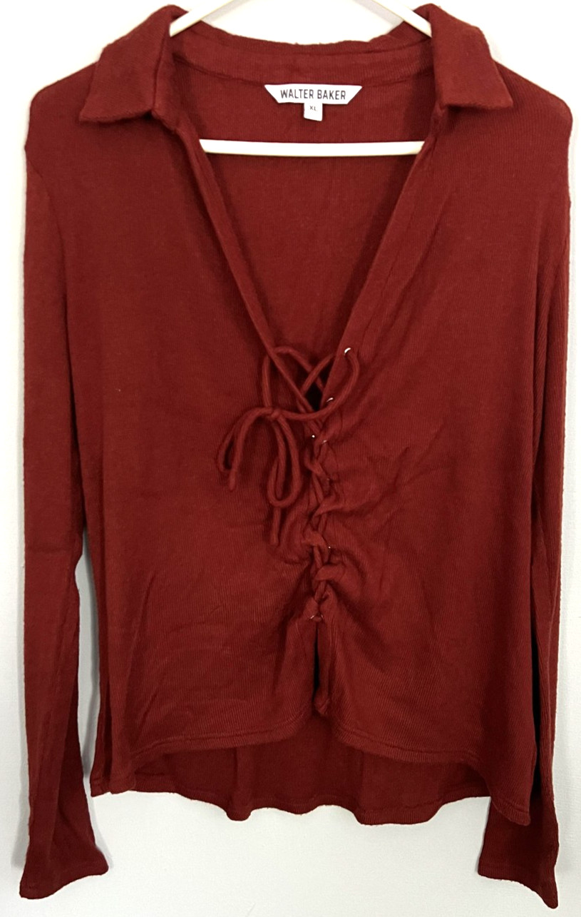 Walter Baker Shirt Womens XL Rust Red Lace-Up Front Collared Long Sleeve Knit