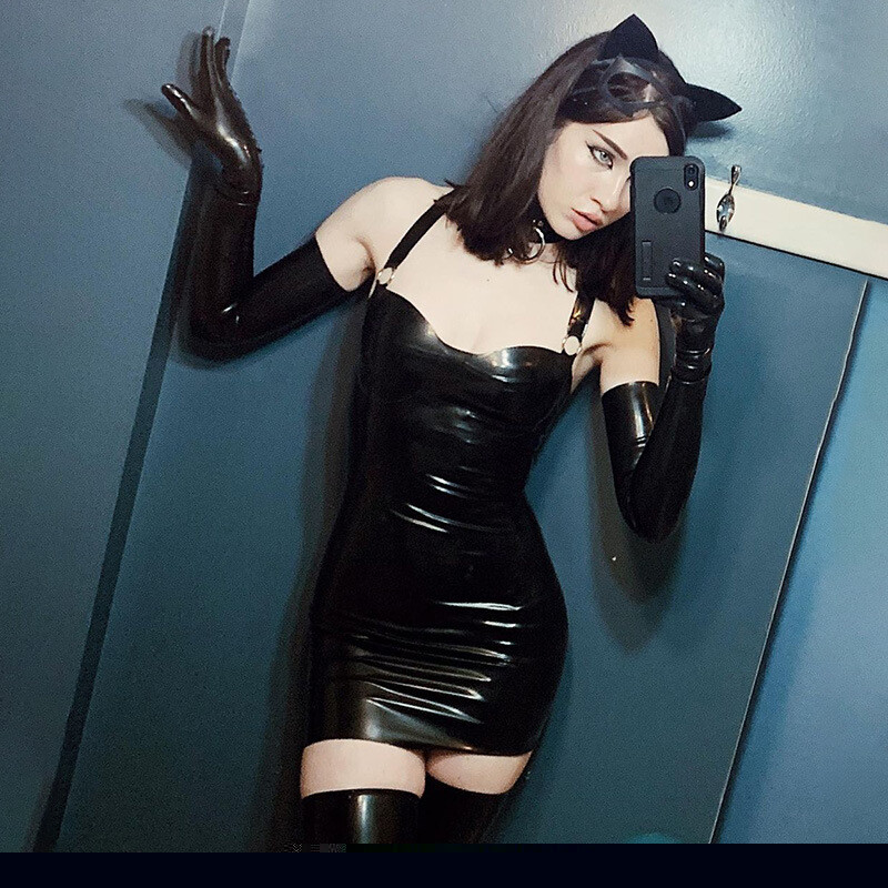 Sexy Women PU Leather Babydoll w/Gloves Mini Dress Lingerie Wet Club Wear Skirt