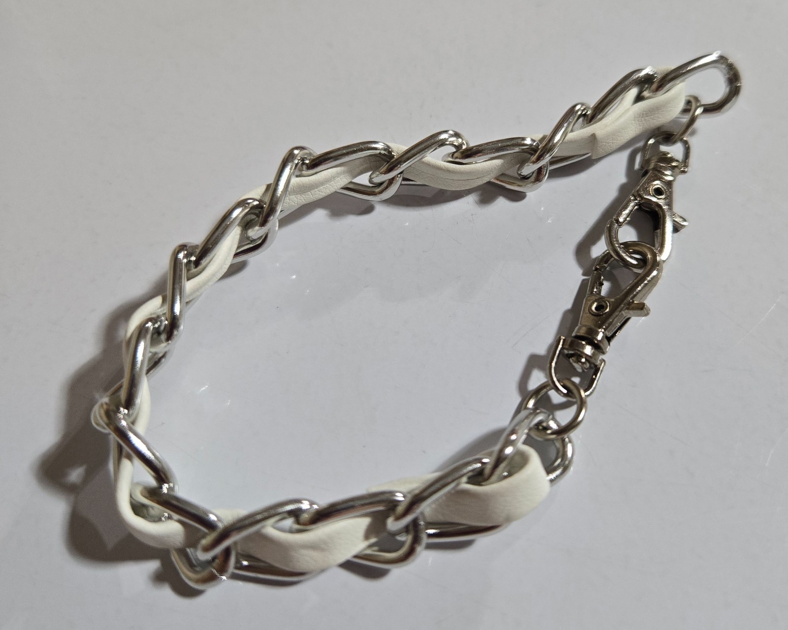Wristlet Chain Strap Silver Tone Metal White Leather 2 Lobster Clasps Detachable