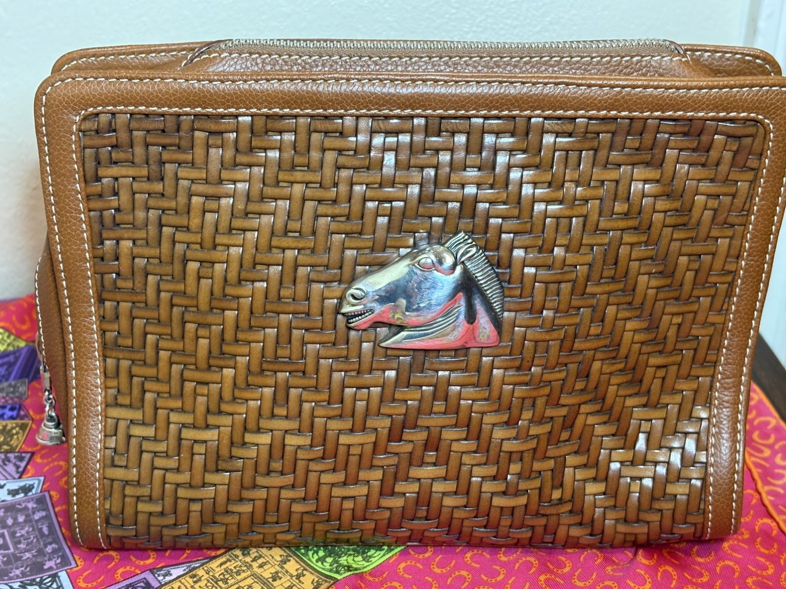 Barry Kieselstein Cord Woven Leather Horse clutch purse sterling silver EXC