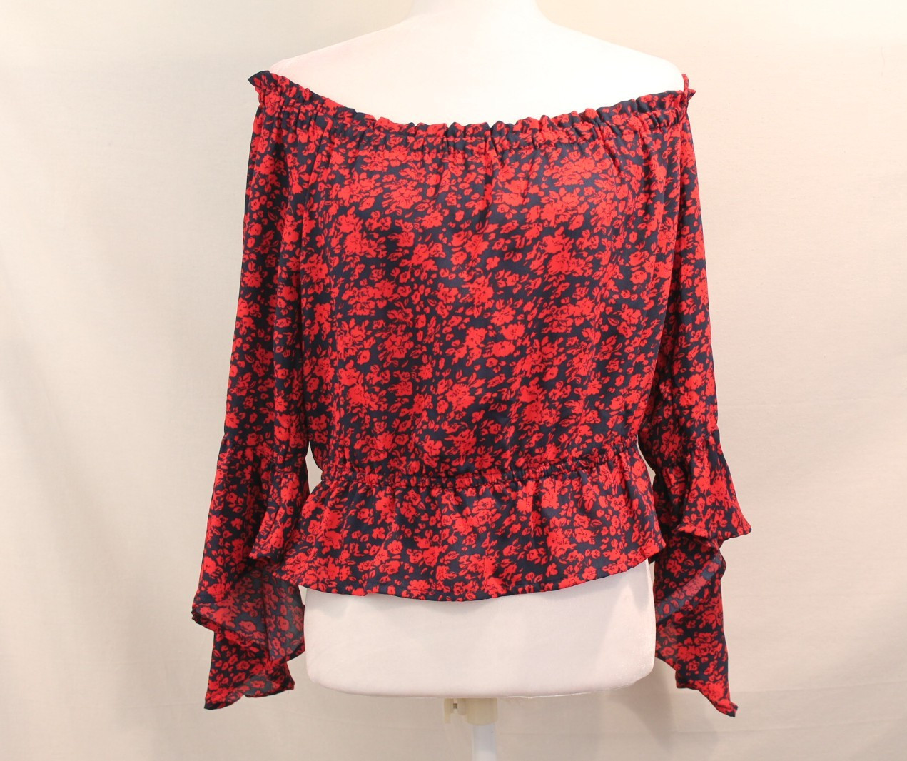 Express Off the Shoulders Top Womens size L Red Blue Floral Long Flare Sleeves