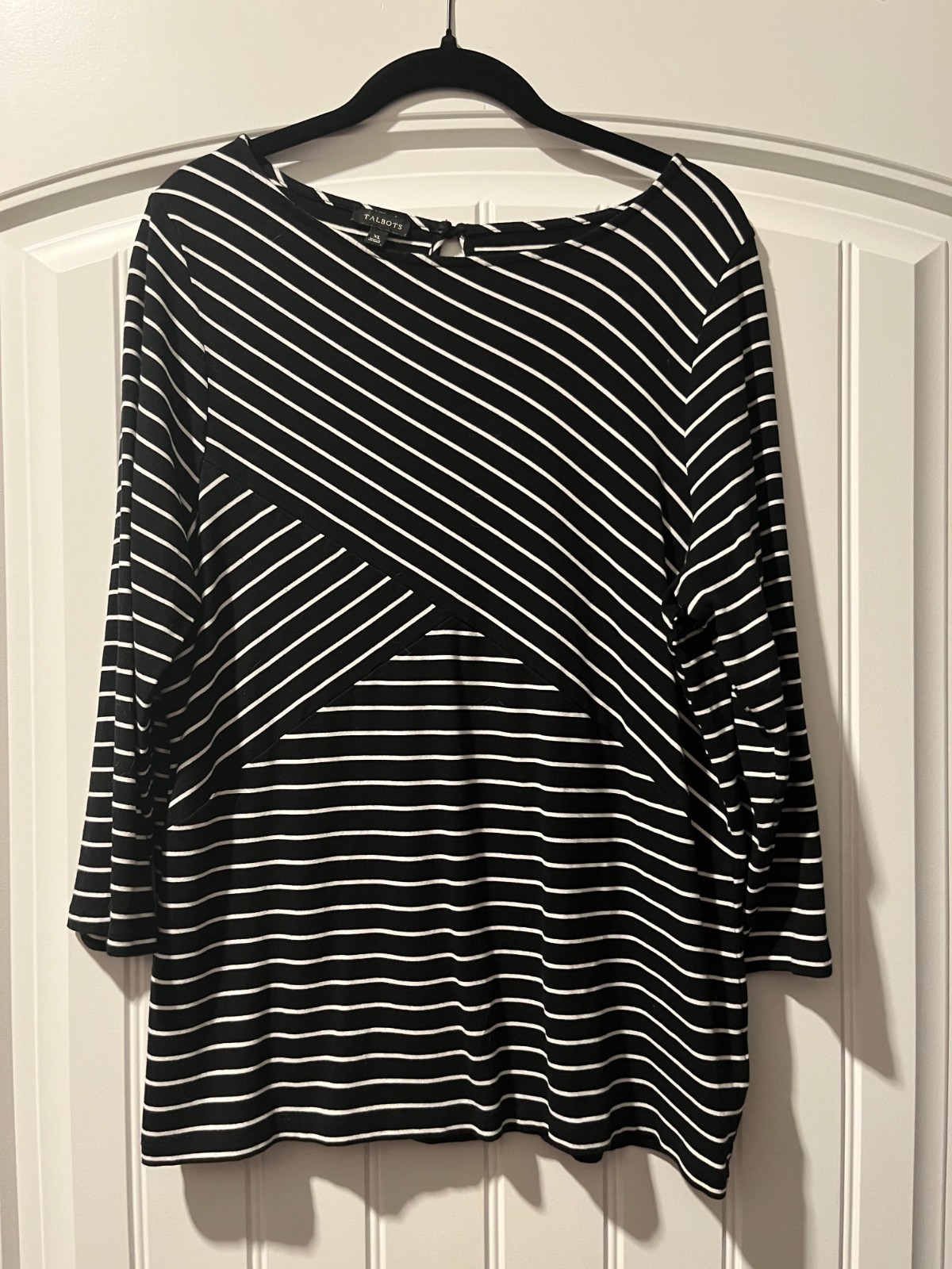 Talbots XL Black White Striped Knit Top 3/4 Sleeve Rayon Stretch Tunic