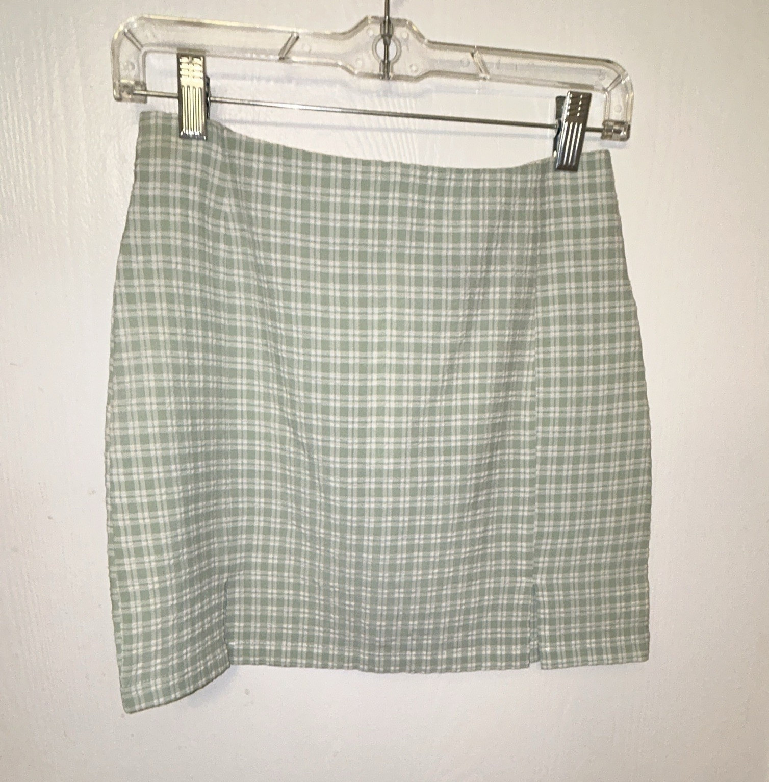 SHEIN Green & White Plaid Mini Skirt Women’s Size S Short Regular Zip Zipper