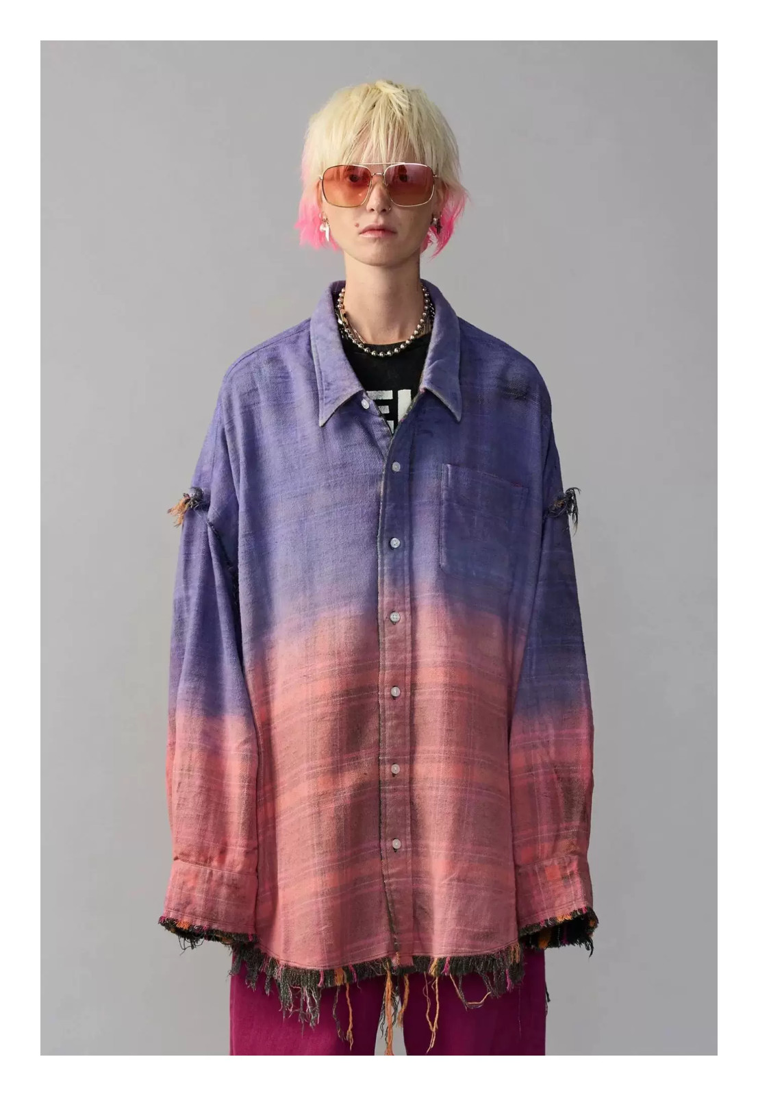 R13 26SS Reversible Shredded Seam Drop Neck Shirt purple multi/green Size S