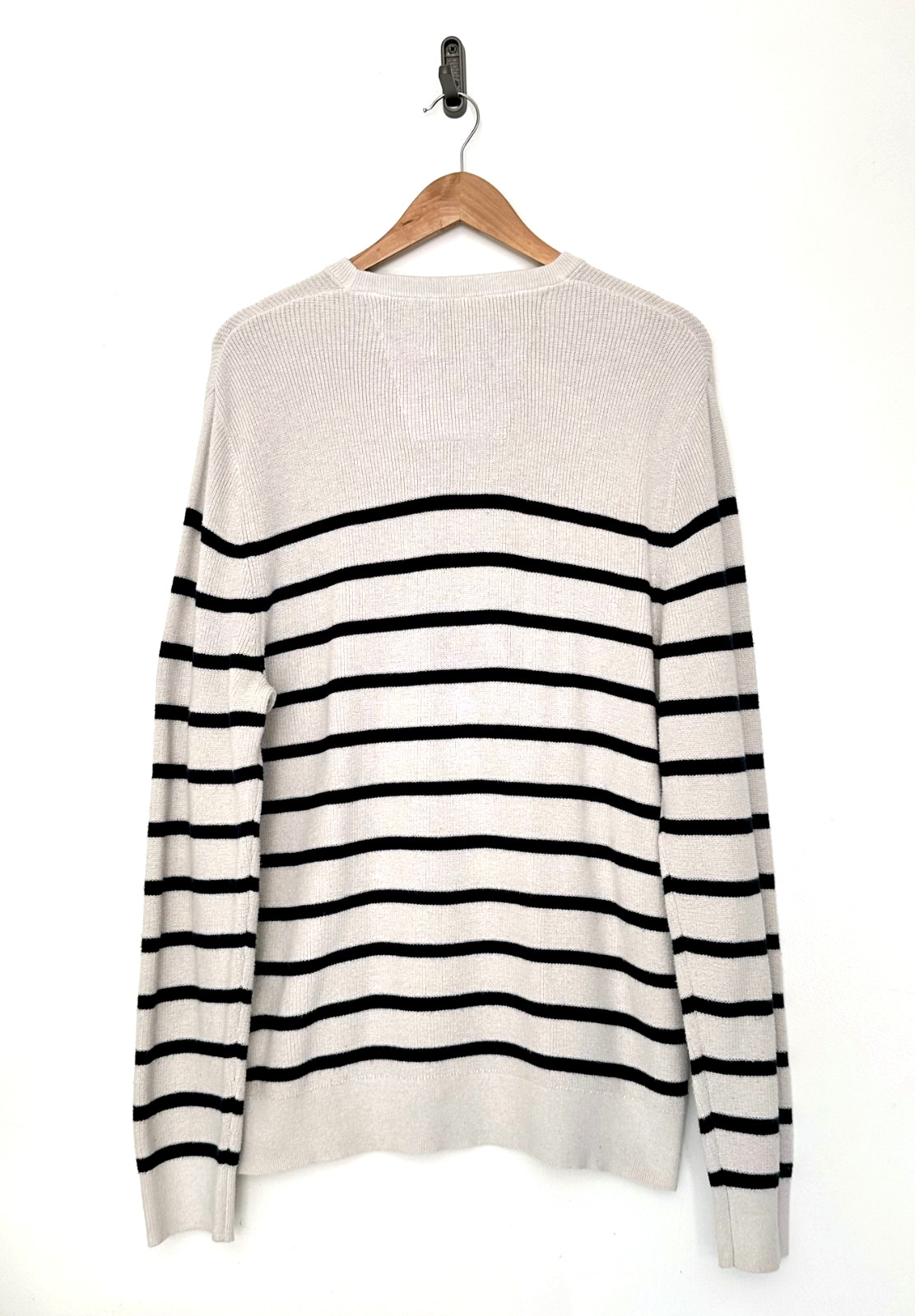 Nautica Navtech Men’s Large Striped Sweater Cream Navy Cotton Blend Crew Neck