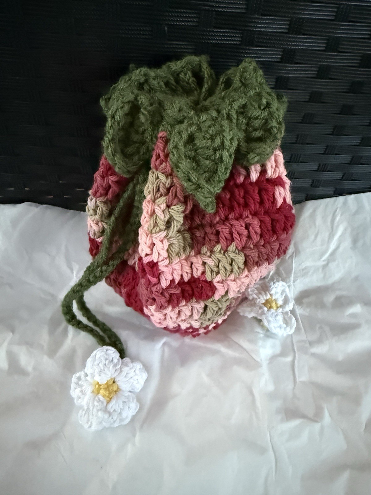 Crocheted, Handmade Drawstring, Strawberry 7 Inch Purse