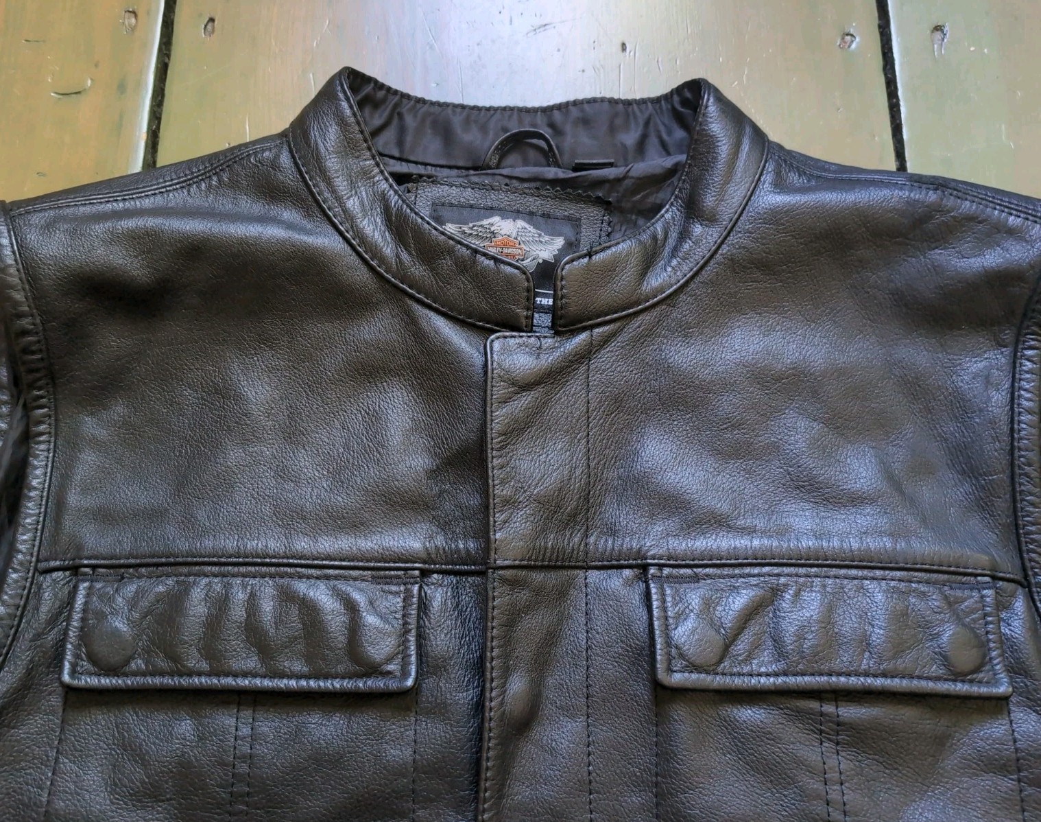 Harley Davidson 2XL Men’s FOSTER Black Leather Motorcycle Vest **READ