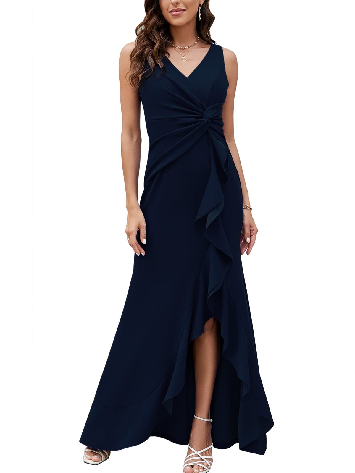FQA Formal Evening Dress Large Navy Blue V Neck Sleeveless Floor Length Gown