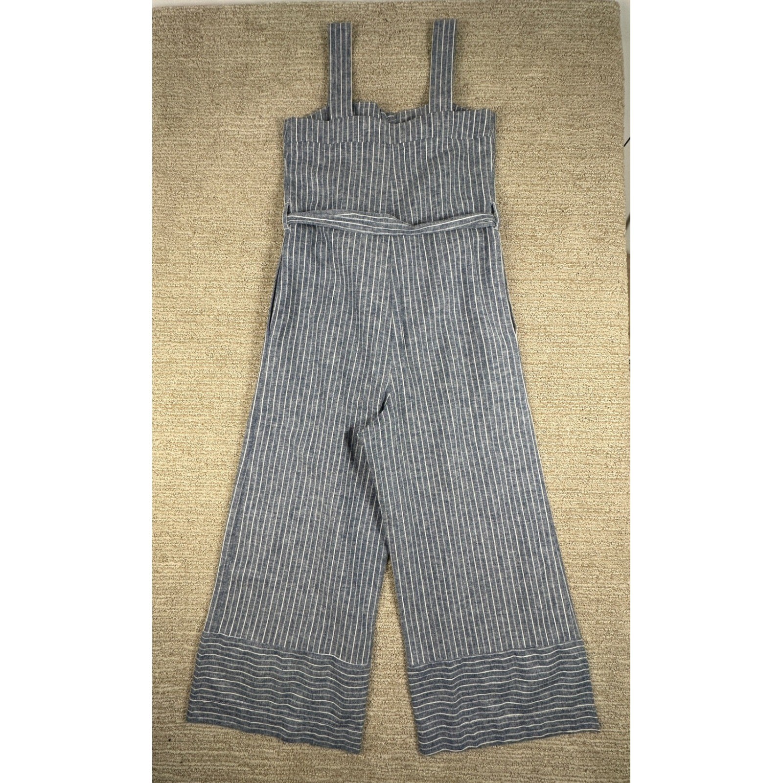 Warehouse Blue White Striped Linen Cotton Wide Leg Jumpsuit Button Front Sz US 2
