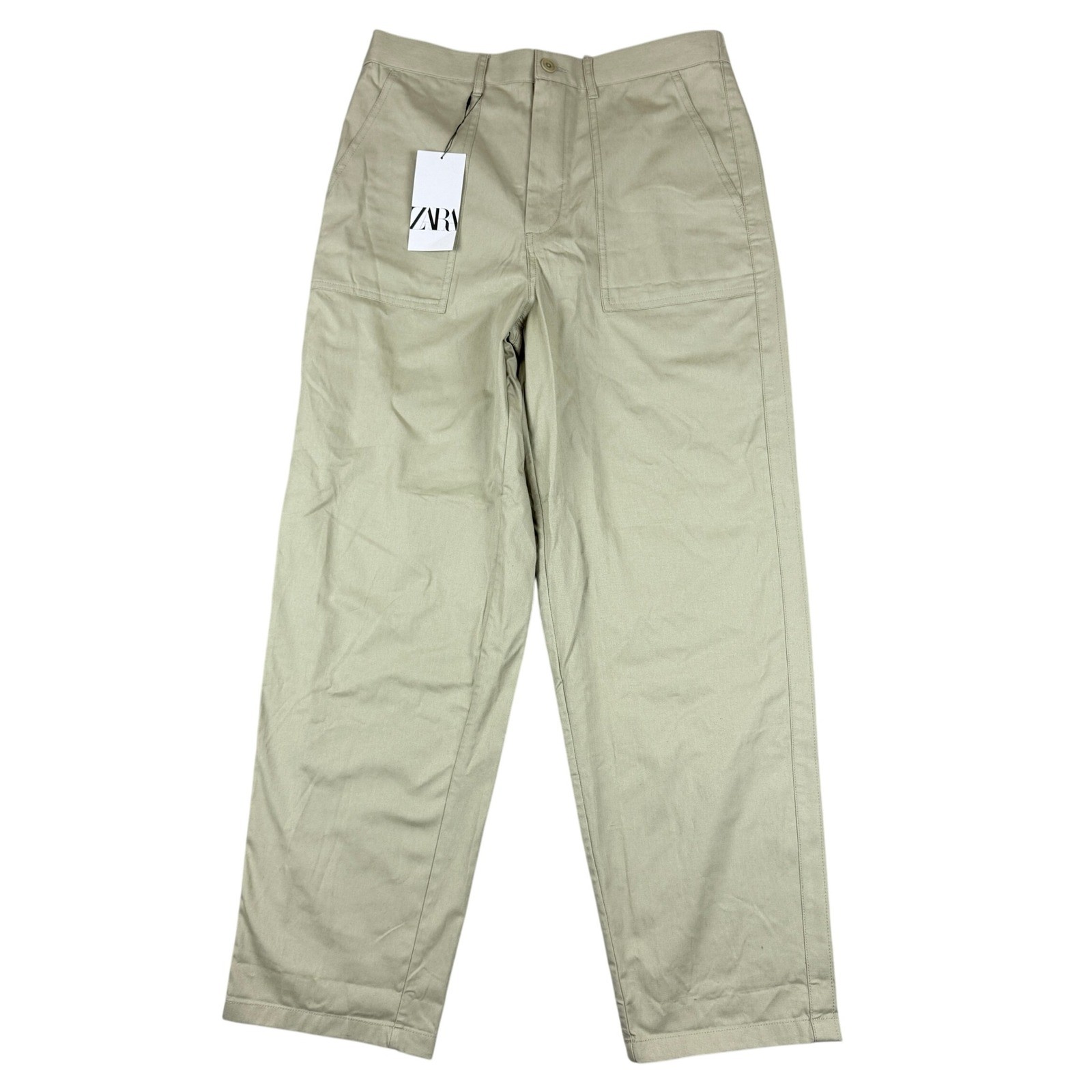 ZARA Pants Mens L 33-36×30 Straight Fit Khaki Chino Elastic Waist Preppy NWT