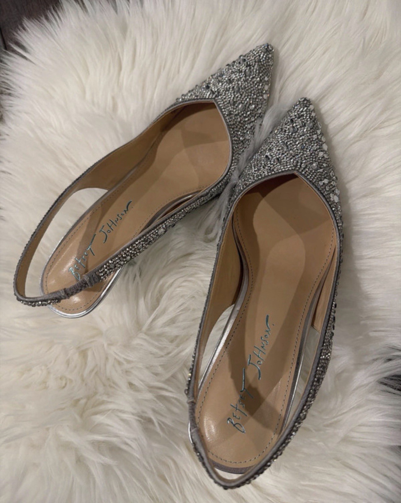 Betsey Johnson Silver Rhinestone Pointed Toe Slingback Stiletto Heels US 7