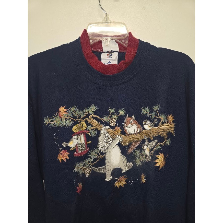 Whim Z Vintage 90s Cat Squirrel Bird Nature Sweatshirt Navy Blue Red Collar L