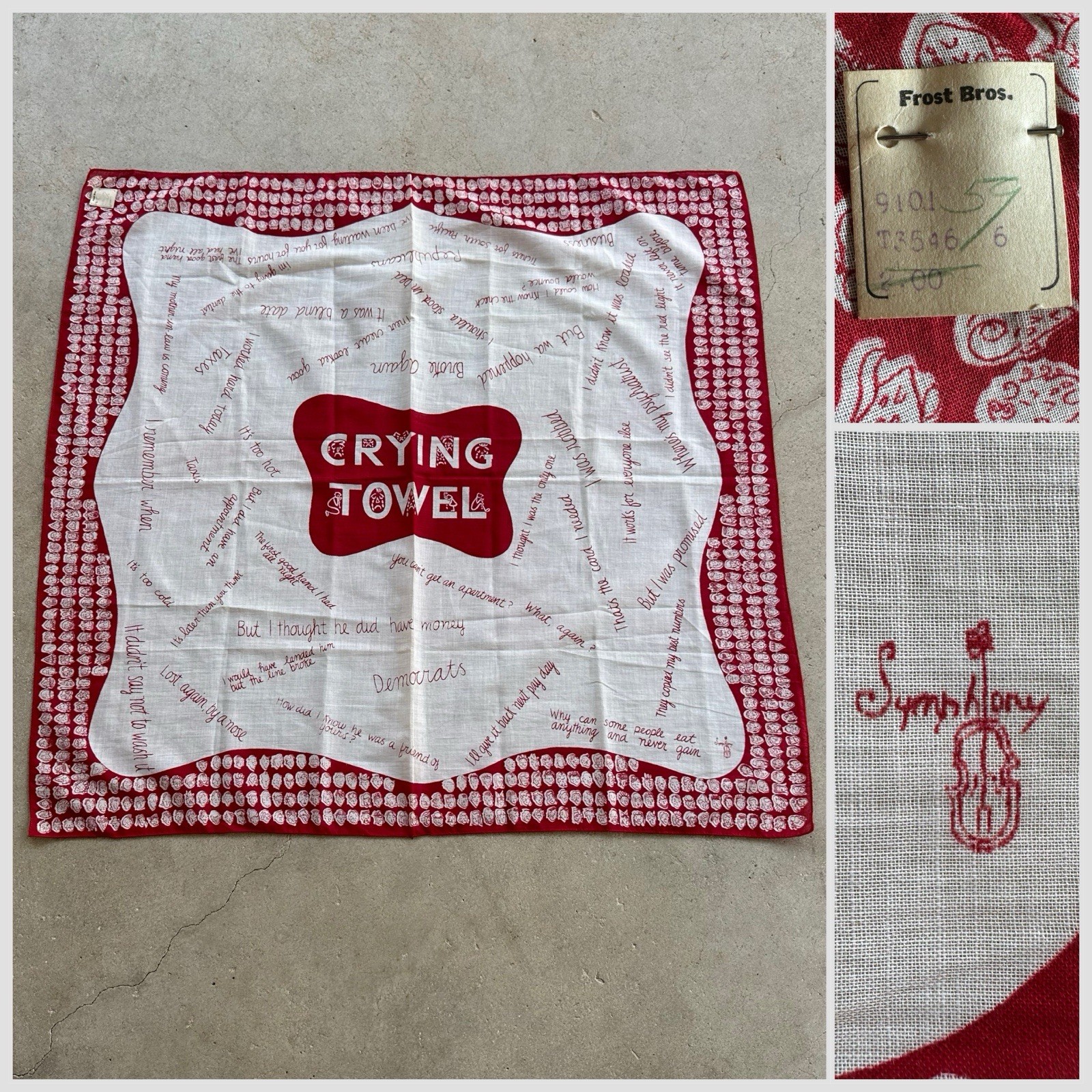 NOS 1950s Symphony ‘Crying Towel’ Novelty Political Bandana Humor Scarf Red VTG