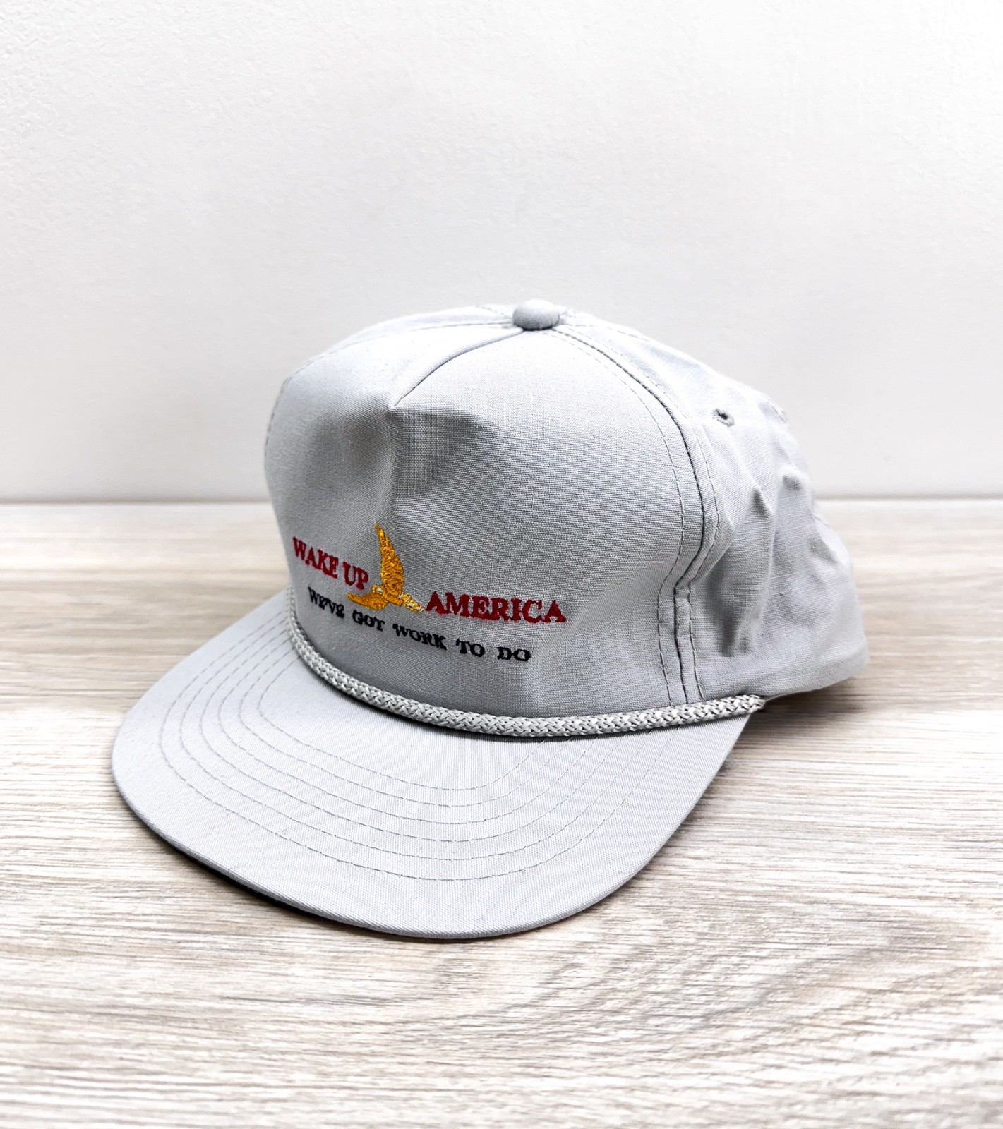 Vintage Wake Up America Snapback Rope Hat NOS Trucker Cap Made in Sri Lanka