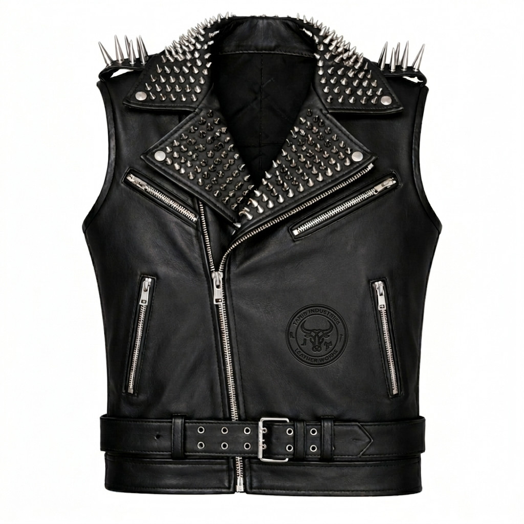 Men’s Black Leather Spiked Studded Biker Vest – Punk Rock Heavy Metal Moto Waist