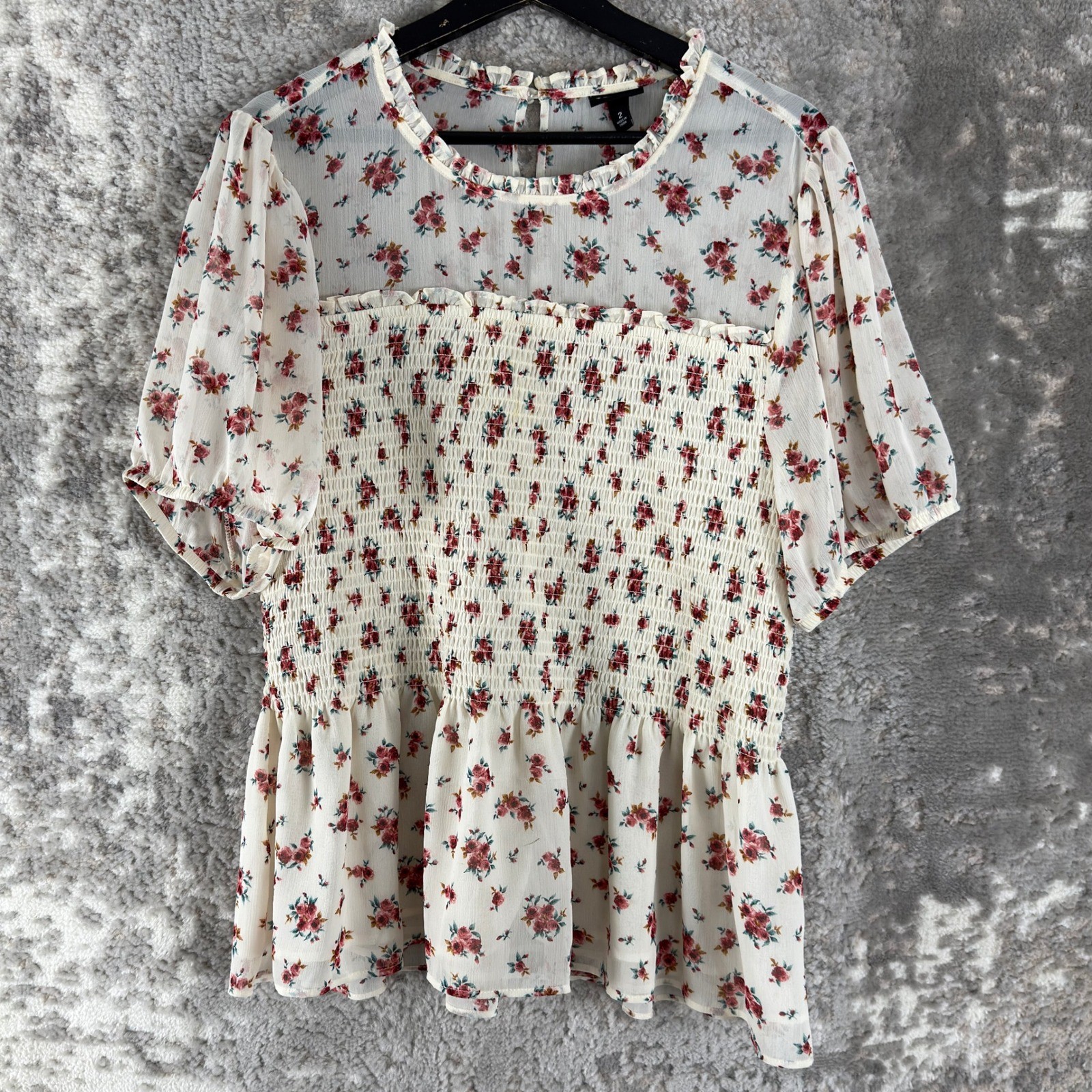 Torrid Plus Size 2 Smocked Floral Peplum Chiffon Top Ivory Short Sleeve Womens