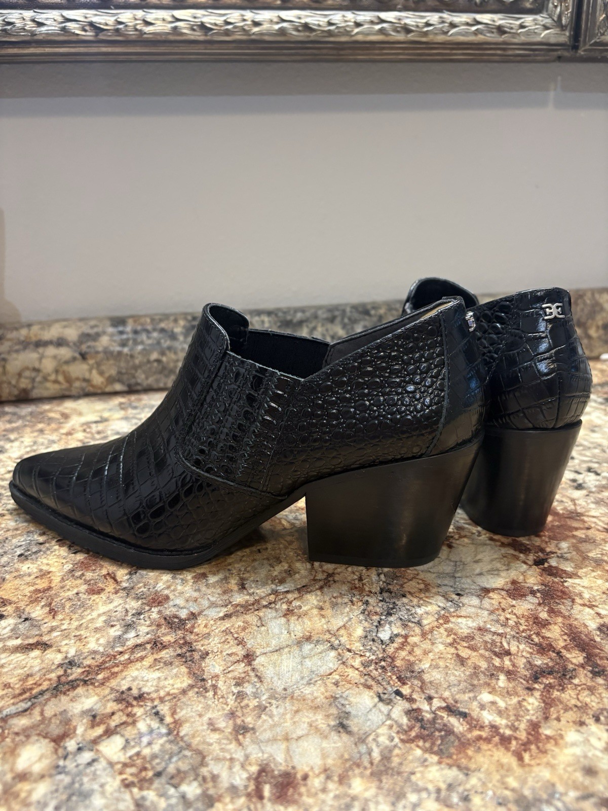 Sam Edelman Womens Croc Black Leather Ankle Boots Size 8 Preowned