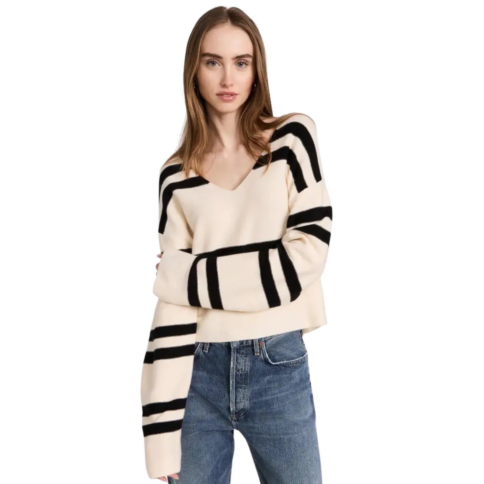 LNA Luca Striped Sweater NWOT Womens Small Cream Black V-Neck Knit Comfy Preppy