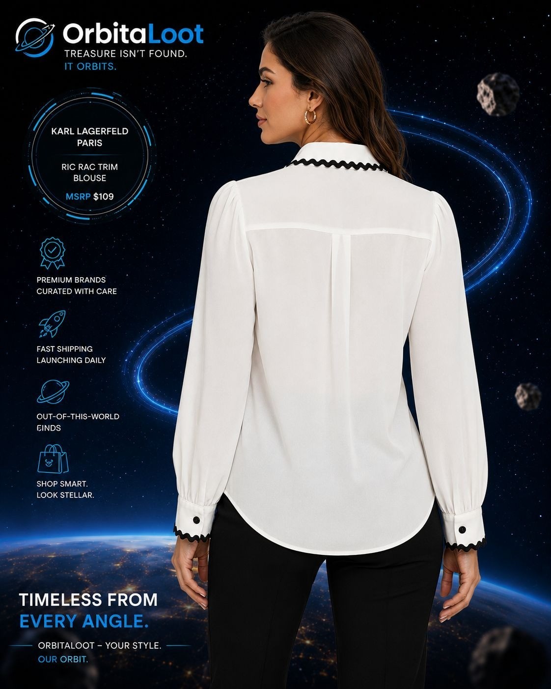 Karl Lagerfeld Paris S White Black Ric Rac Trim Button Blouse NWT MSRP $109