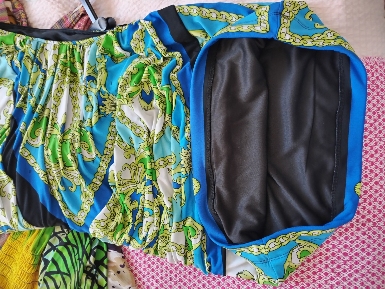L, Arden B, Blue Green​ White​ Chain Paisley Pattern Strapless Ruched Mini Dress