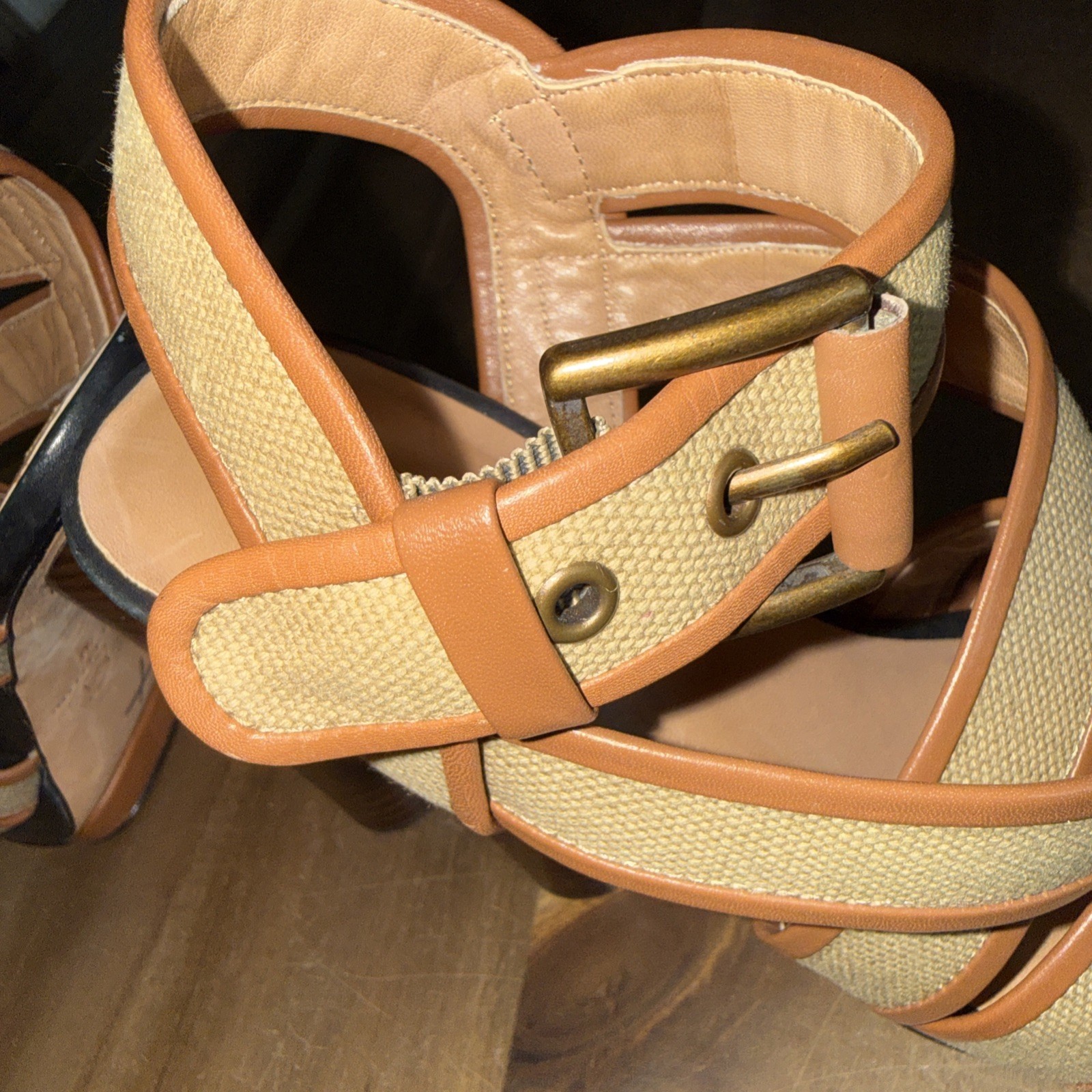 Ann Taylor Strappy Platform High Heel Sandals 7M Tan Safari Canvas Cone 5″ Heel