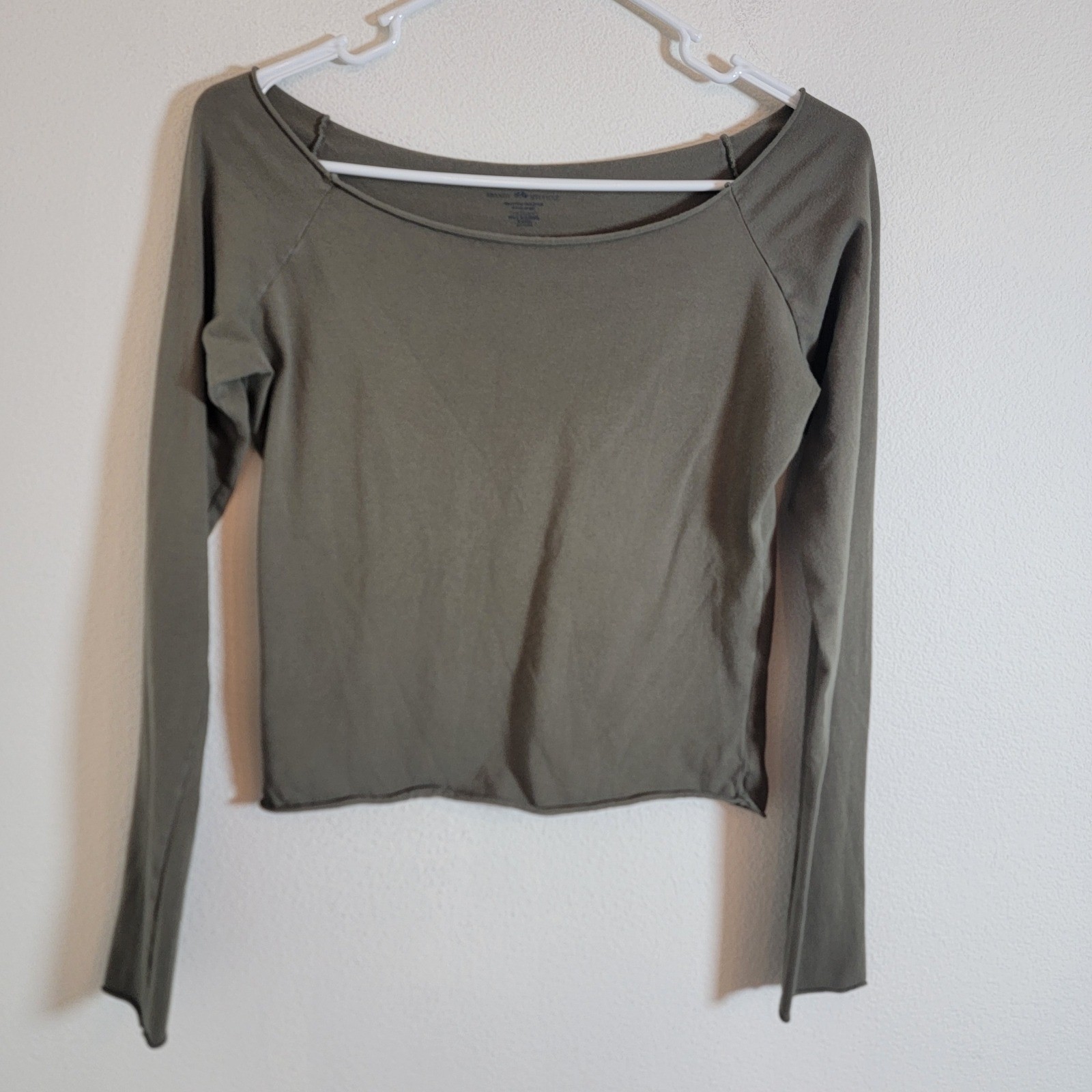 Brandy Melville Olive Green Long Sleeve Cotton Boat Neck Top OS (XS?) Casual