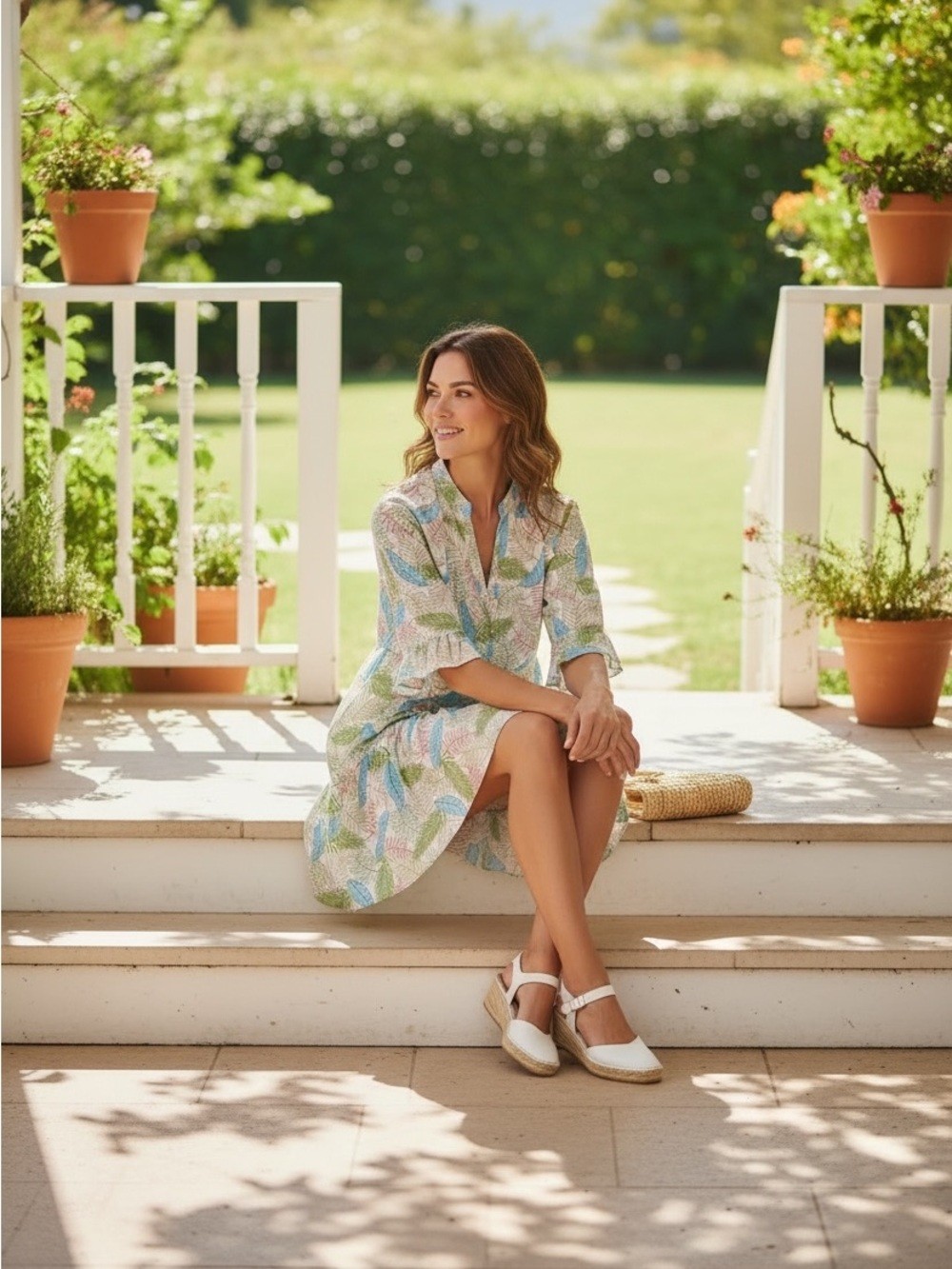 ESQUALO White Midi Dress with Blue and Green Leaf Print