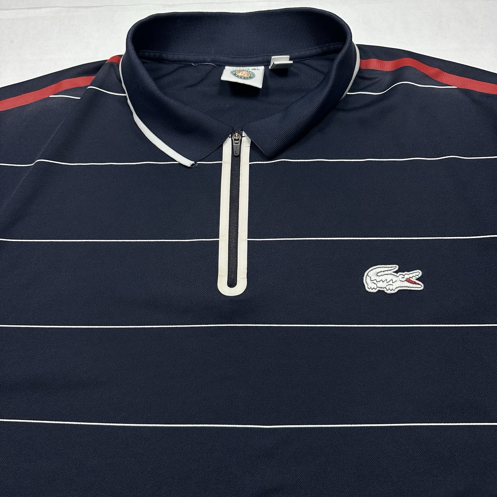 Lacoste Roland Garros Polo Shirt Mens 3XL Navy Blue Striped 1/4 Zip Short Sleeve