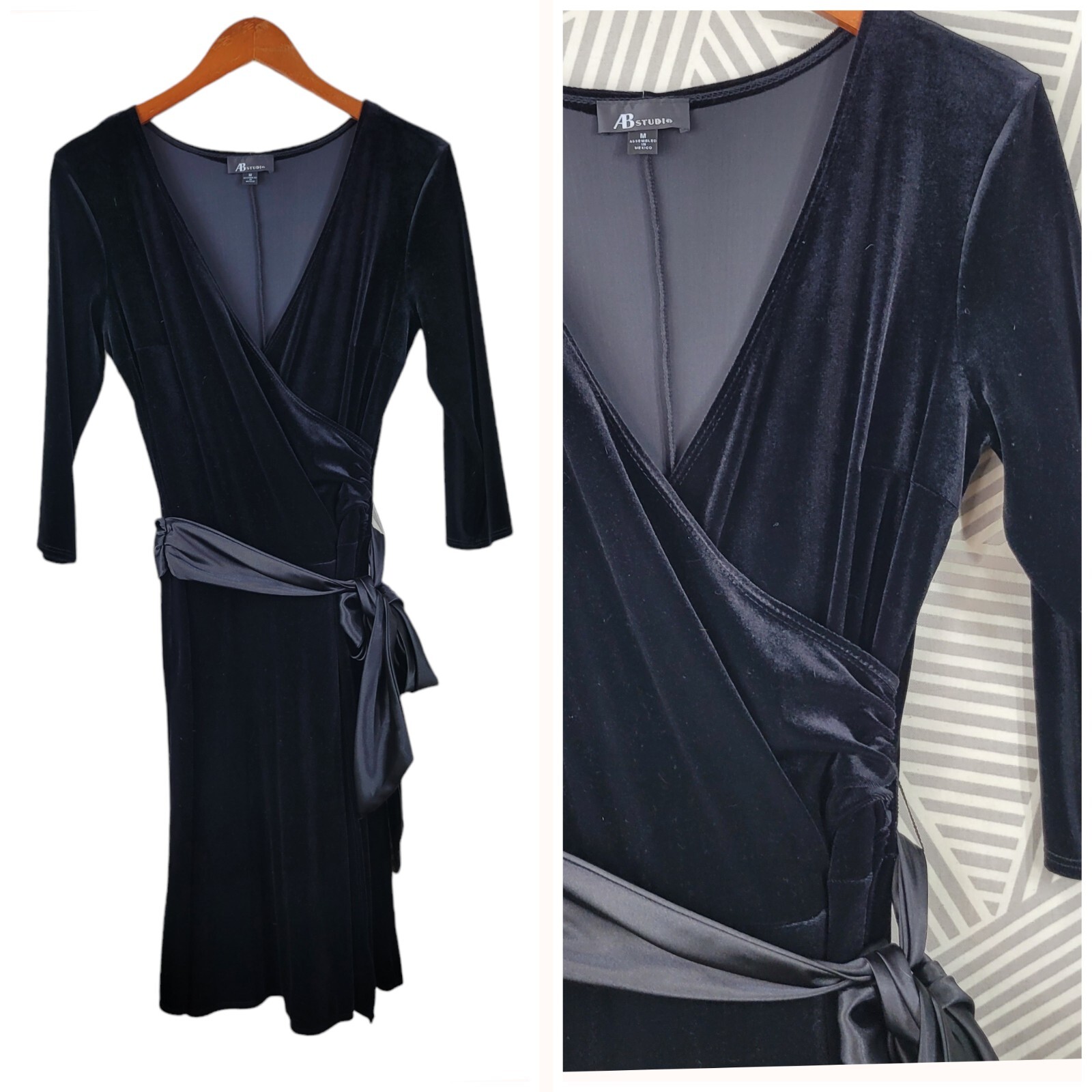 Vintage Black Velvet Wrap Top Dress size Medium Evening Alt Sexy Event Satin Bow