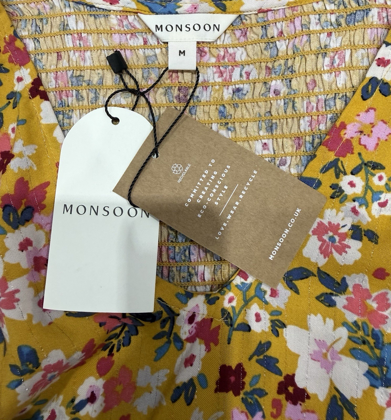 Monsoon Ditsy Floral Top Mustard Yellow Multi Size M UK 12/14 NWT