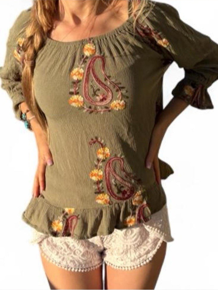 OD Forest Green embroidered Boho Peasant peplum ruffle blouse small
