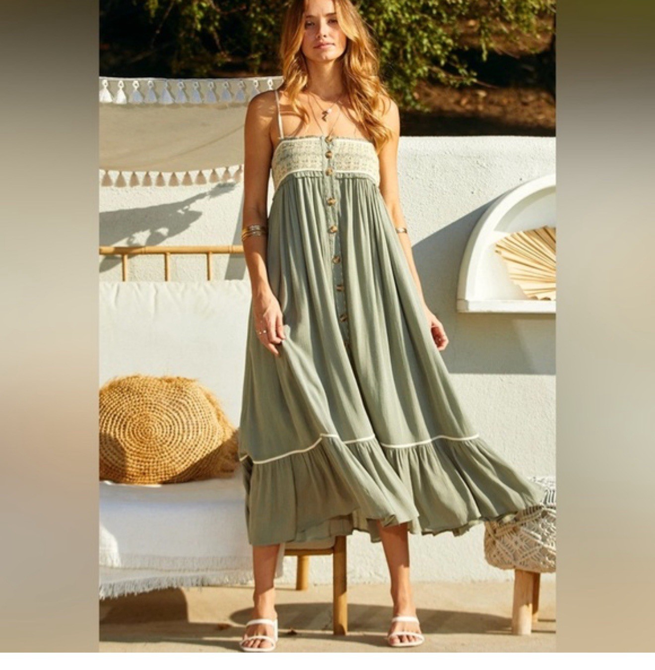 Ces Femme Dress Womens L XL Smocking Peasant Ruffle Embroidered Olive Cottage