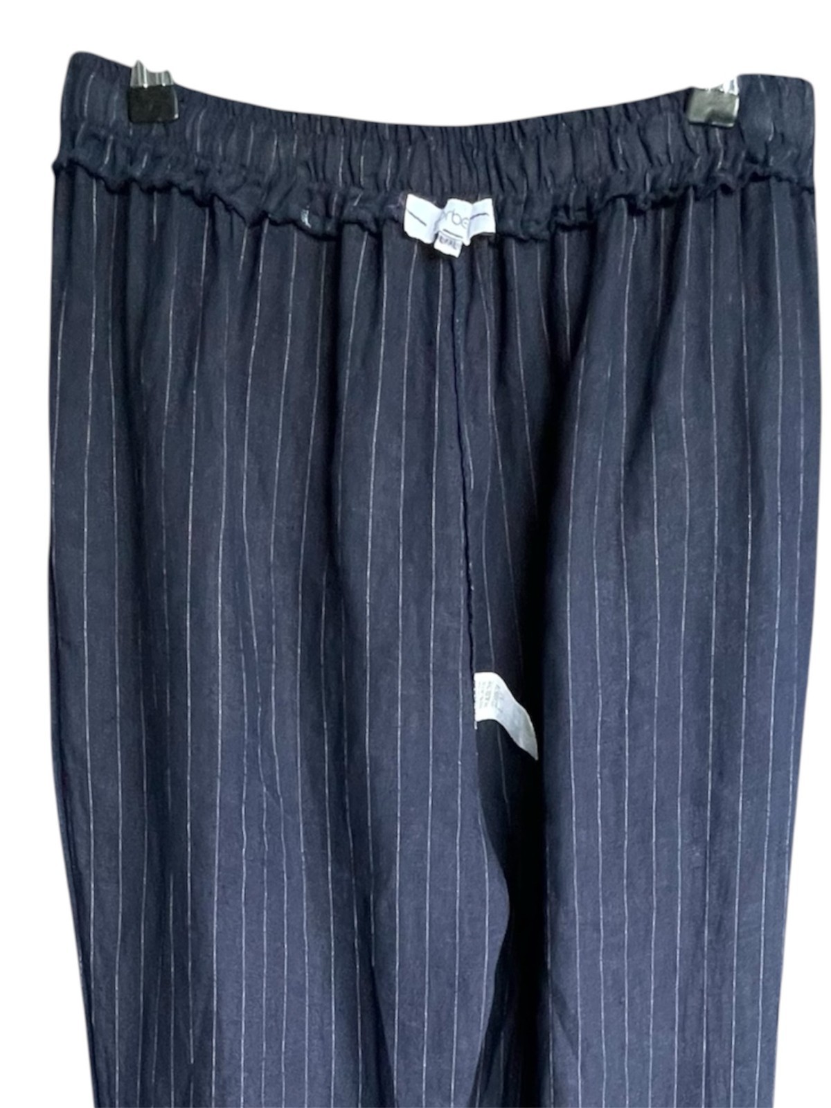 Sorbet Italy 100% Linen Pants L XL Blue Pinstripe Wide Leg Elastic Waist