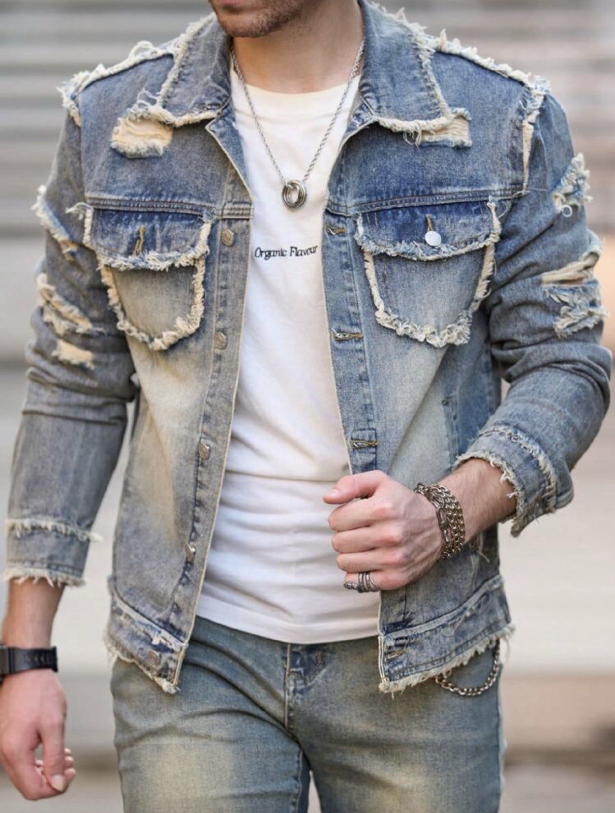Men’s Washed Denim Jacket Frayed Patchwork Button Up Casual Streetwear Top