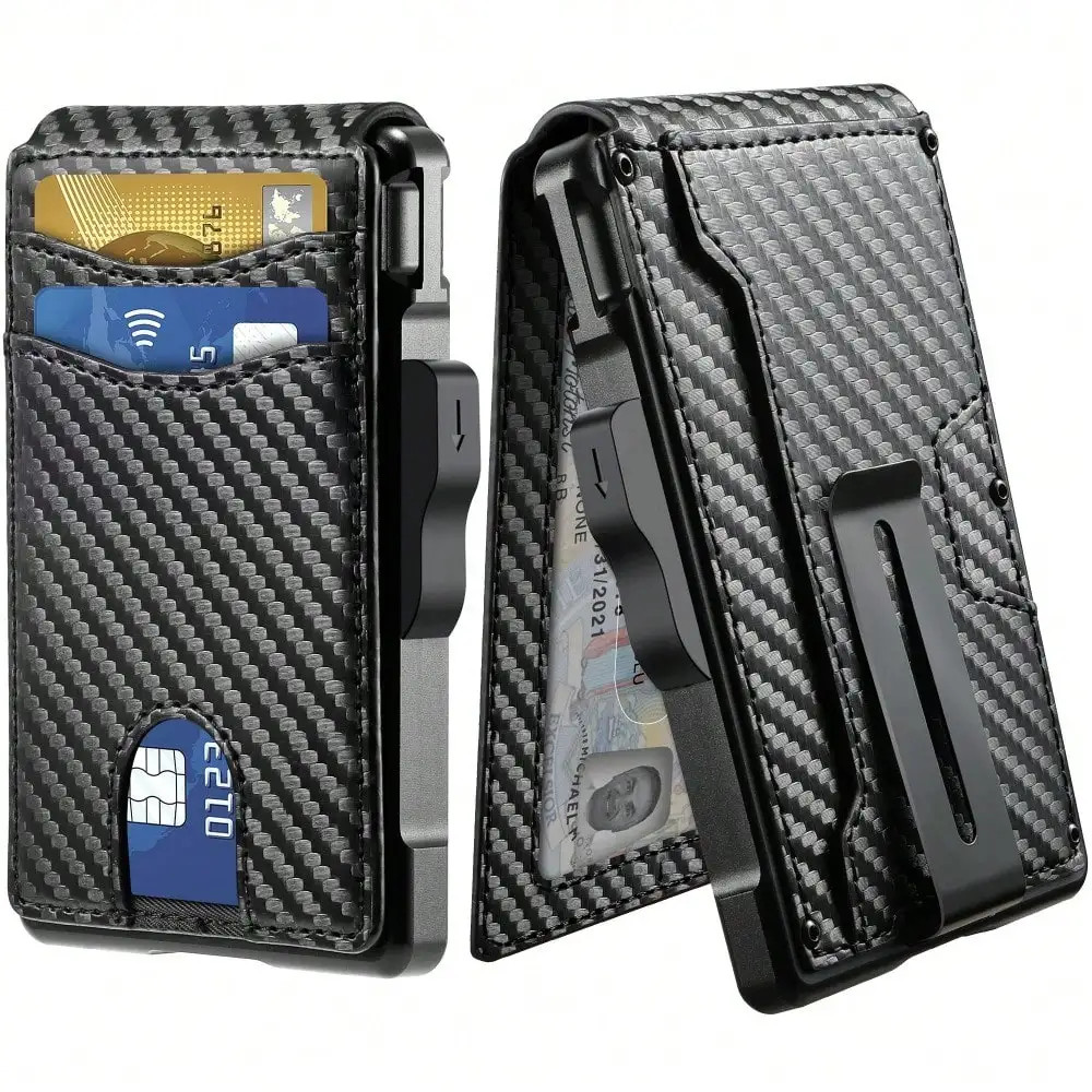 Men’s Slim PopUp Bifold Carbon Fiber Wallet, RFID Blocking, Money Clip, Men Gift