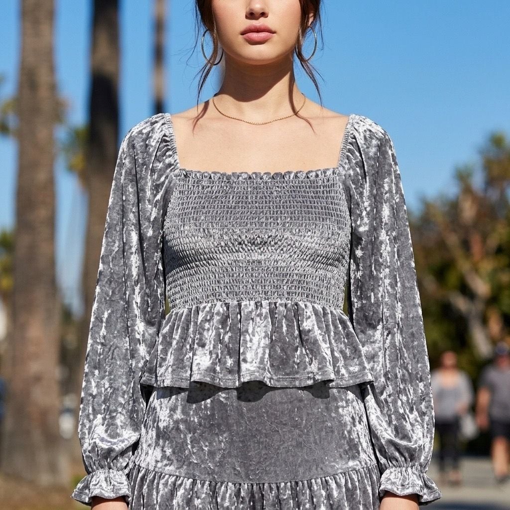 BIBI Smocked Square Neck Crushed Velvet Peplum Top