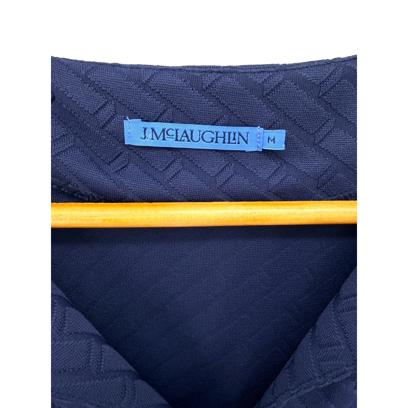 J.Mclaughlin Octavia Dress Fernwood Geo Jacquard Navy Blue Textured Split Neck M