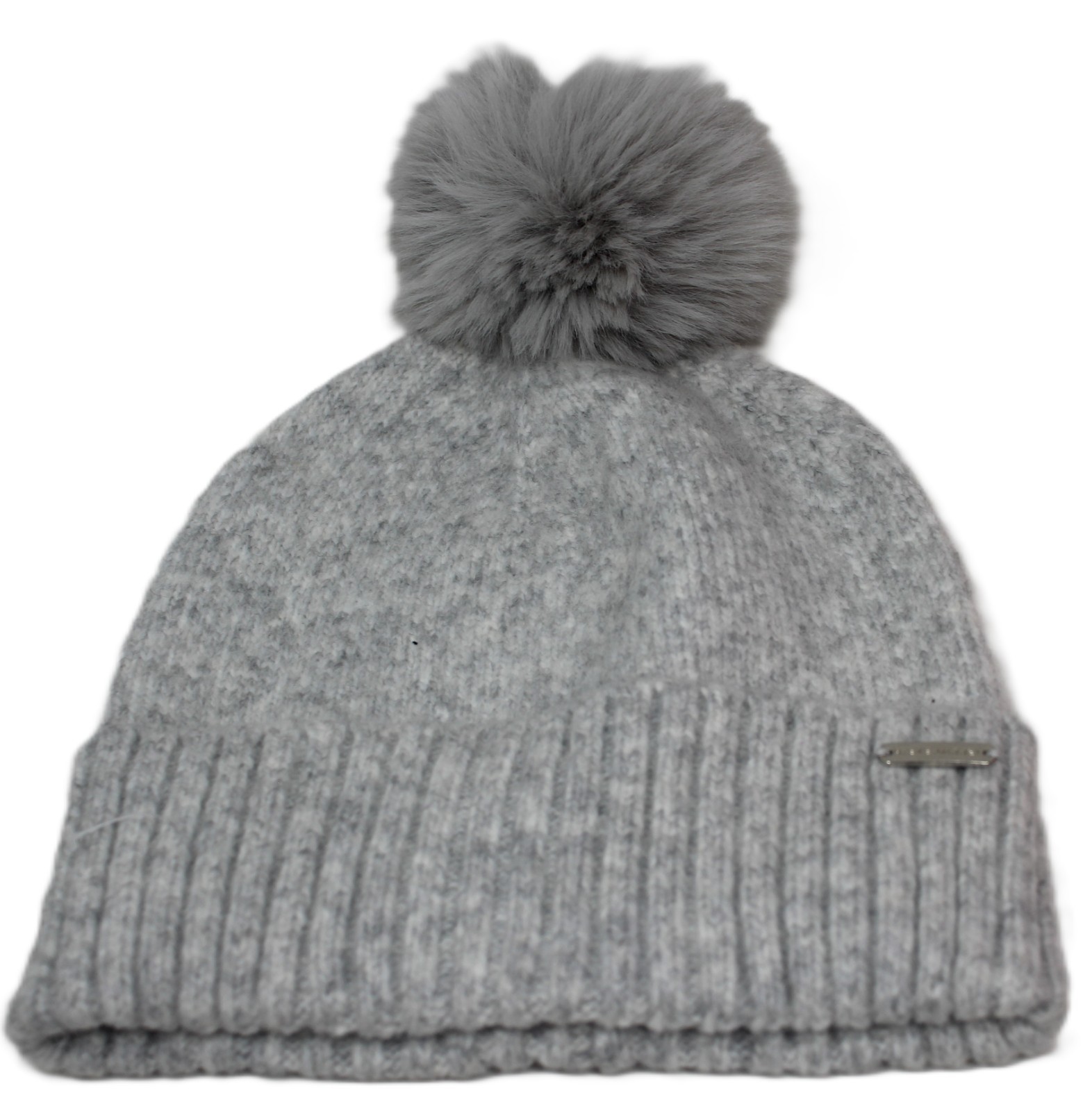 Steve Madden Women’s One Size Heather Grey Knit Cuffed Pom Pom Beanie Hat New