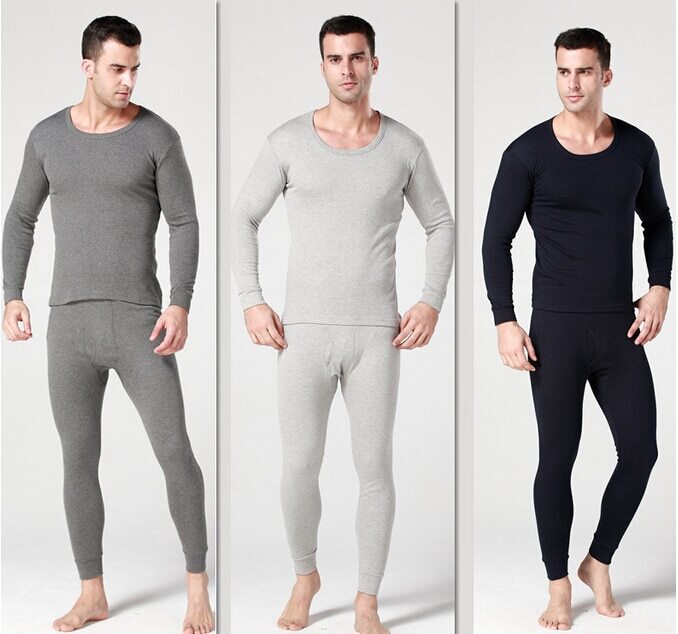 100% Cotton Men Winter Thermal Fleece Lined Long Johns Top Bottom Underwear Set
