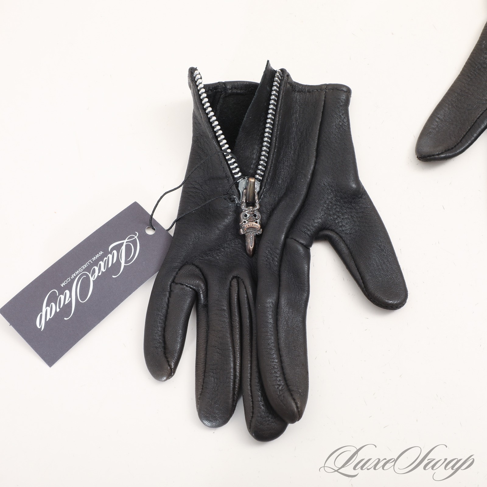 Vintage Y2K Chrome Hearts Black Unlined Leather Cemetary Dagger Zip Gloves 6.5