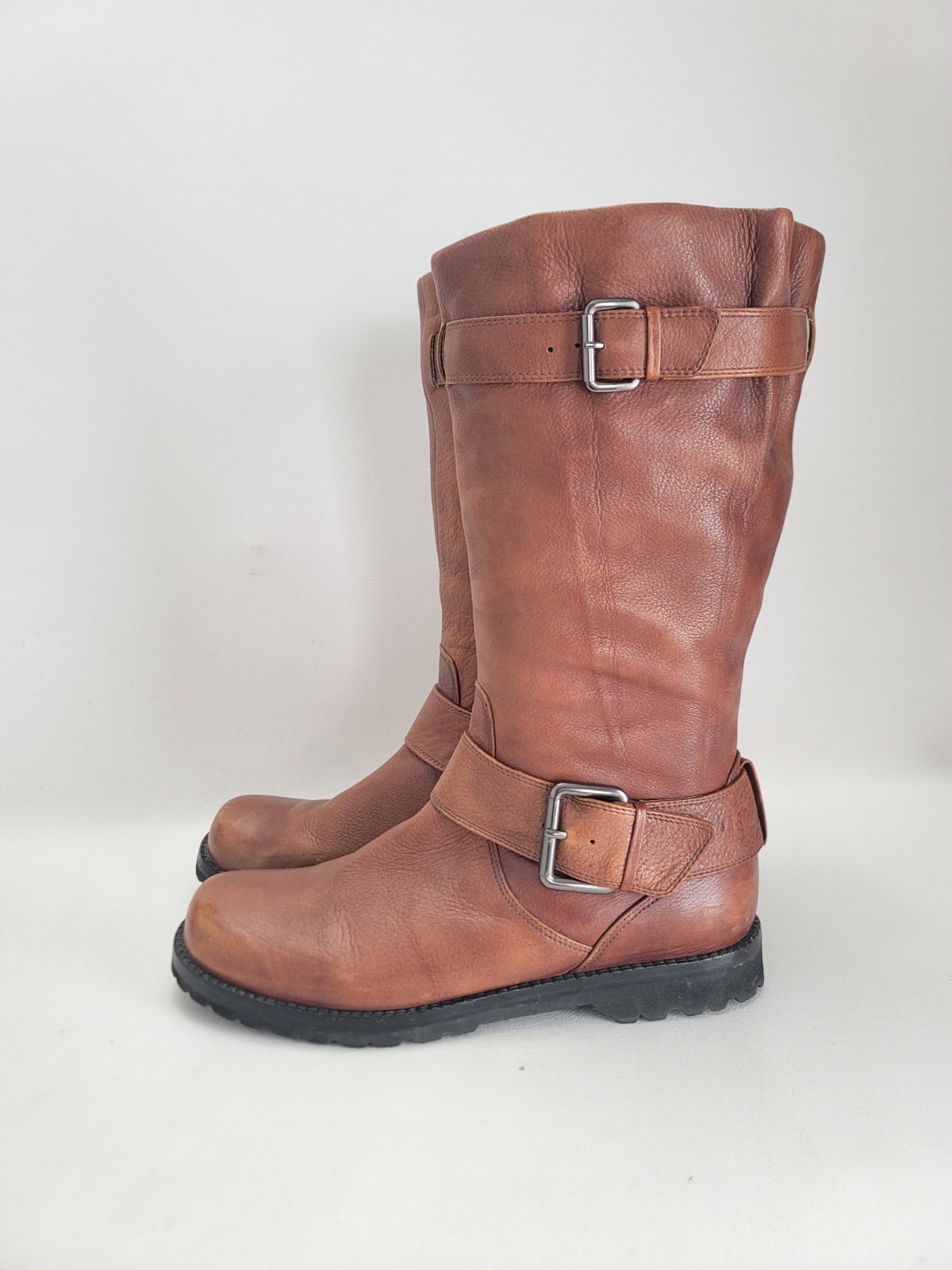 Gentle Souls Brown Camden Moto Double Buckled Up Pebbled Leather Boots Size 8.5