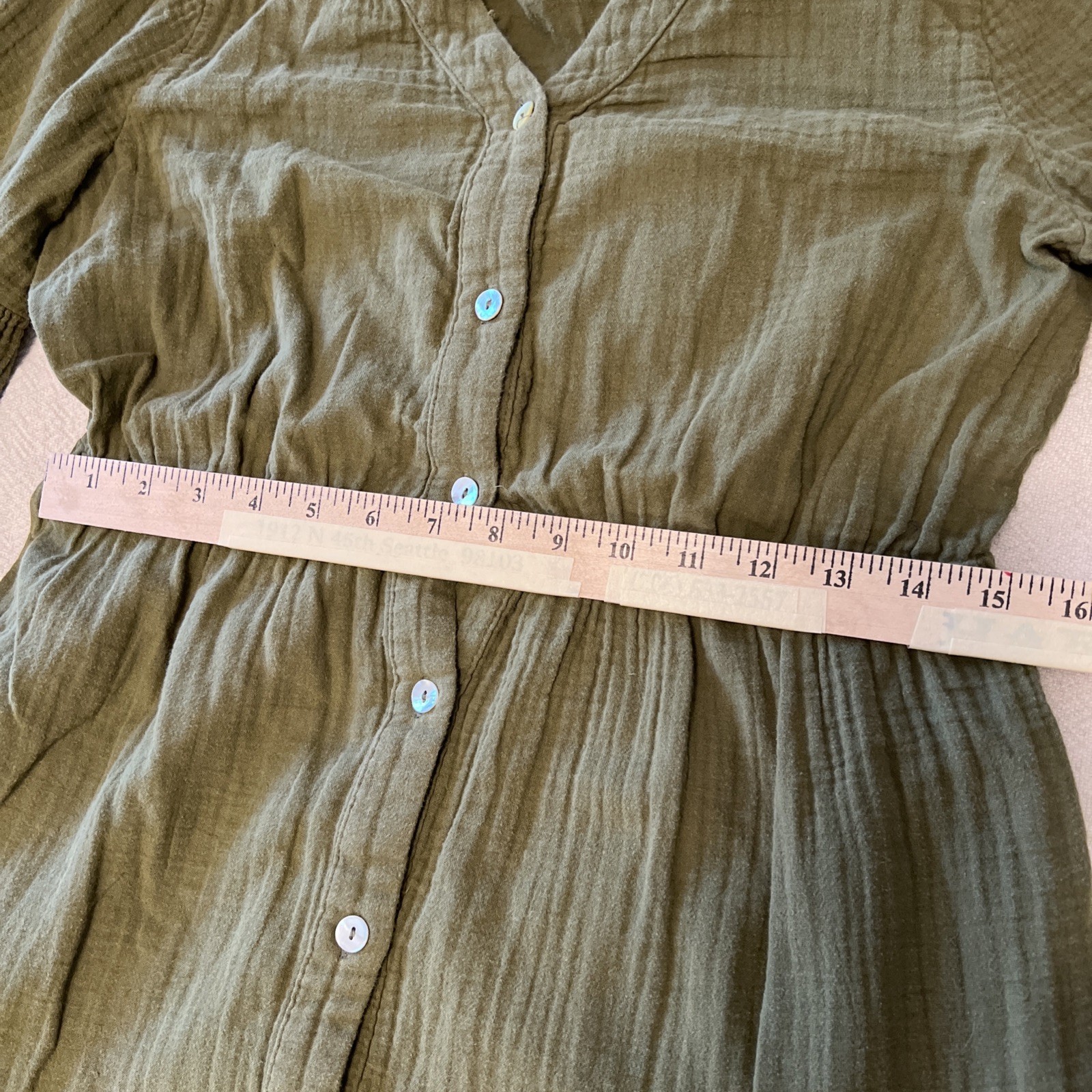 Women’s M Olive Green Cottage 100% Cotton Tiered Elastic Waist Pockets Dress