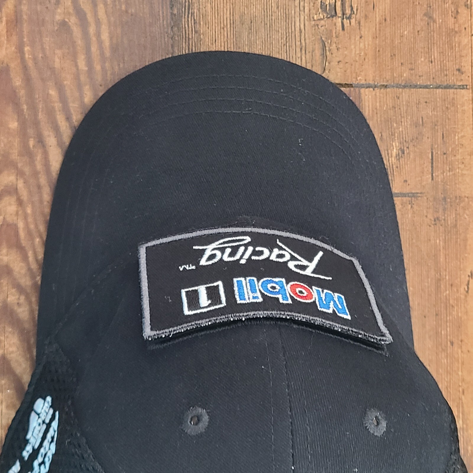 Mobil 1 Black Cap Adjustable Strap Back Hat Red White Blue Embroidered Letters