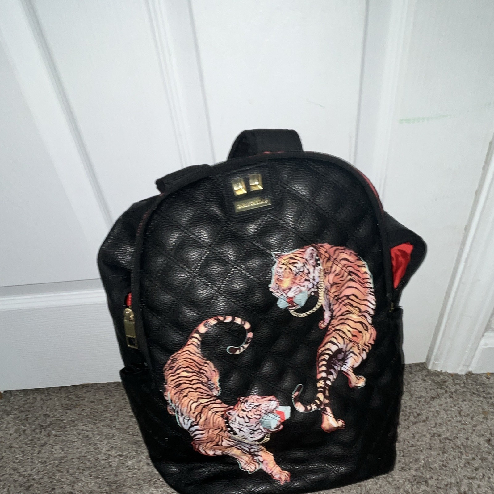 Sprayground Limited Edition Black Quilted Tiger Backpack Red Lining Zip Large